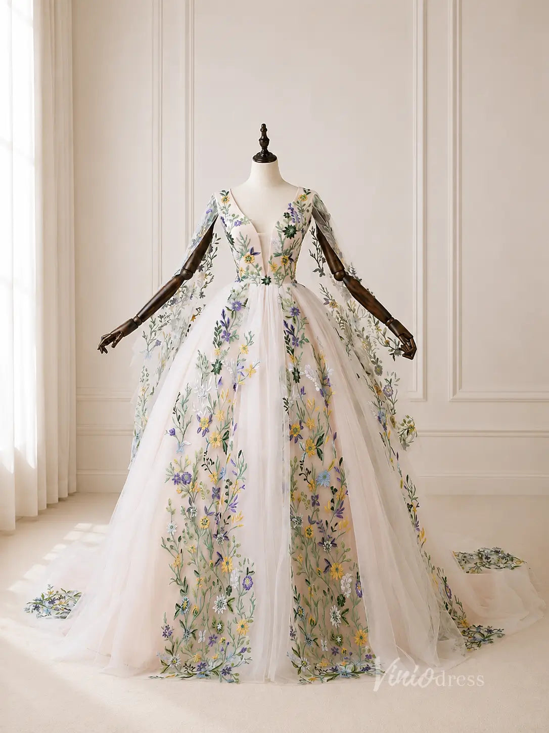 Ivory Floral Embroidered Ball Gown Wedding Dress with Plunging V Neck, Cape Sleeves & Chapel Train - FW271-wedding dresses 2026-Viniodress-Ivory-Custom Size – Add Measurements in Cart-