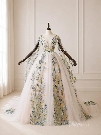 Ivory Floral Embroidered Ball Gown Wedding Dress with Plunging V Neck, Cape Sleeves & Chapel Train - FW271-wedding dresses 2026-Viniodress-Ivory-Custom Size – Add Measurements in Cart-
