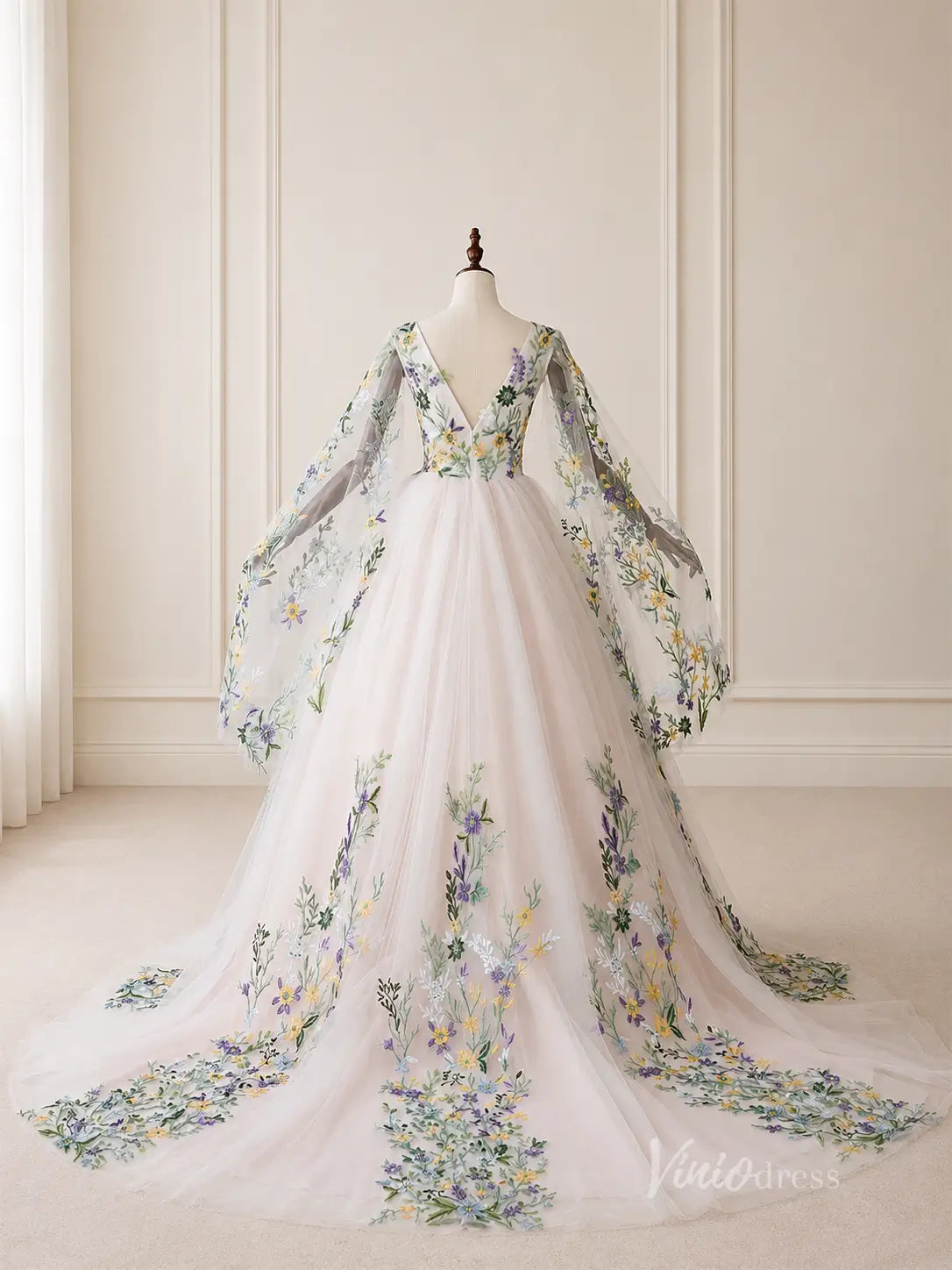 Ivory Floral Embroidered Ball Gown Wedding Dress with Plunging V Neck, Cape Sleeves & Chapel Train - FW271-wedding dresses 2026-Viniodress-Ivory-Custom Size – Add Measurements in Cart-