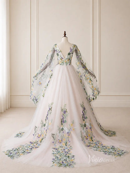 Ivory Floral Embroidered Ball Gown Wedding Dress with Plunging V Neck, Cape Sleeves & Chapel Train - FW271-wedding dresses 2026-Viniodress-Ivory-Custom Size – Add Measurements in Cart-