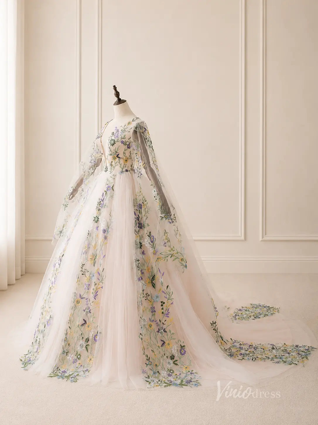 Ivory Floral Embroidered Ball Gown Wedding Dress with Plunging V Neck, Cape Sleeves & Chapel Train - FW271-wedding dresses 2026-Viniodress-Ivory-Custom Size – Add Measurements in Cart-