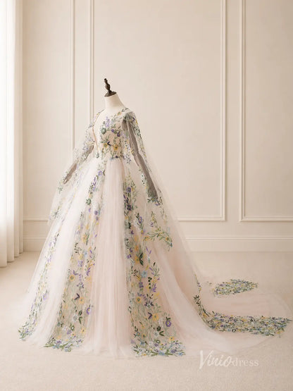 Ivory Floral Embroidered Ball Gown Wedding Dress with Plunging V Neck, Cape Sleeves & Chapel Train - FW271-wedding dresses 2026-Viniodress-Ivory-Custom Size – Add Measurements in Cart-