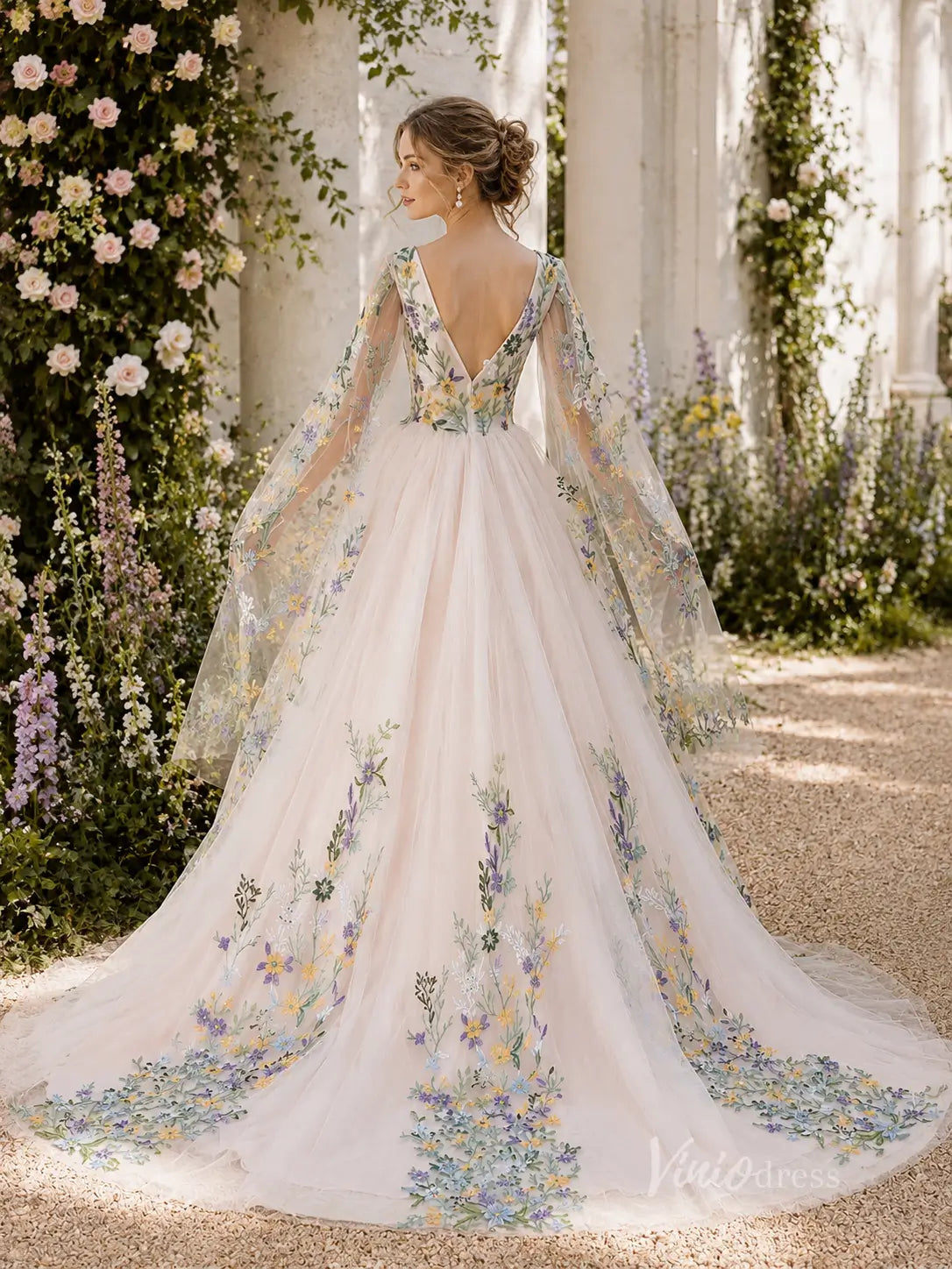 Ivory Floral Embroidered Ball Gown Wedding Dress with Plunging V Neck, Cape Sleeves & Chapel Train - FW271-wedding dresses 2026-Viniodress-Ivory-Custom Size – Add Measurements in Cart-