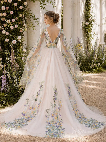 Ivory Floral Embroidered Ball Gown Wedding Dress with Plunging V Neck, Cape Sleeves & Chapel Train - FW271-wedding dresses 2026-Viniodress-Ivory-Custom Size – Add Measurements in Cart-