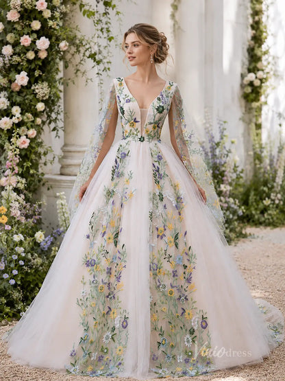 Ivory Floral Embroidered Ball Gown Wedding Dress with Plunging V Neck, Cape Sleeves & Chapel Train - FW271-wedding dresses 2026-Viniodress-Ivory-Custom Size – Add Measurements in Cart-