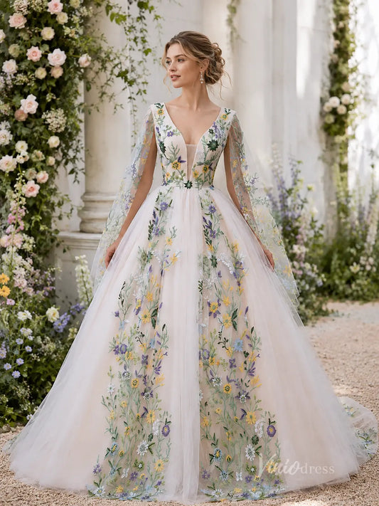 Ivory Floral Embroidered Ball Gown Wedding Dress with Plunging V Neck, Cape Sleeves & Chapel Train - FW271-wedding dresses 2026-Viniodress-Ivory-Custom Size – Add Measurements in Cart-
