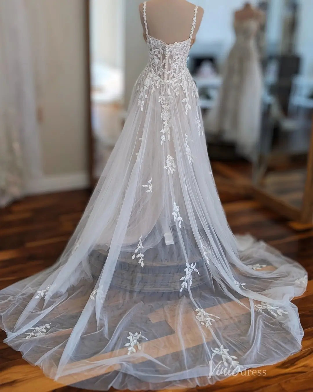 Ivory Floral Lace A-Line Wedding Dress with Spaghetti Straps LA159 Viniodress Ivory Floral Lace A-Line Wedding Dress with Spaghetti Straps LA159 Viniodress