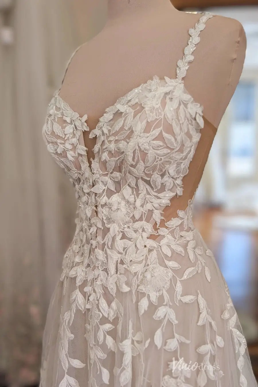 Ivory Floral Lace A-Line Wedding Dress with Spaghetti Straps, Side Cutouts & Chapel Train – LA159-wedding dresses 2026-Viniodress-Ivory-Custom Size-