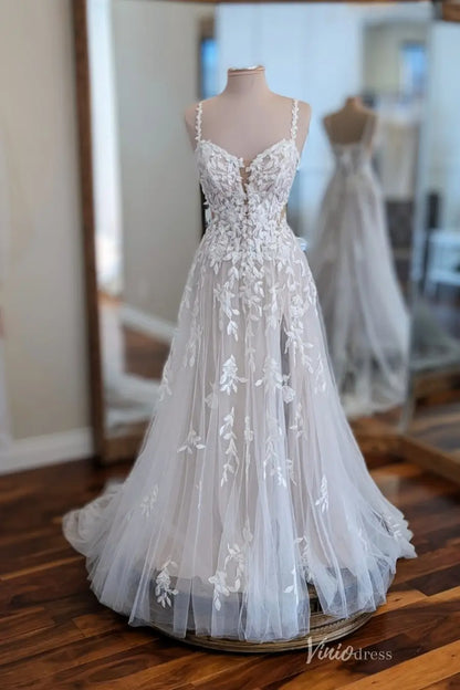 Ivory Floral Lace A-Line Wedding Dress with Spaghetti Straps, Side Cutouts & Chapel Train – LA159