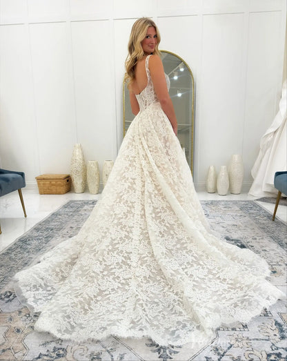 Ivory Floral Lace A-Line Wedding Dress with Square Neckline, Sheer Bodice & Chapel Train – LC109-wedding dresses 2026-Viniodress-Ivory-Custom Size-