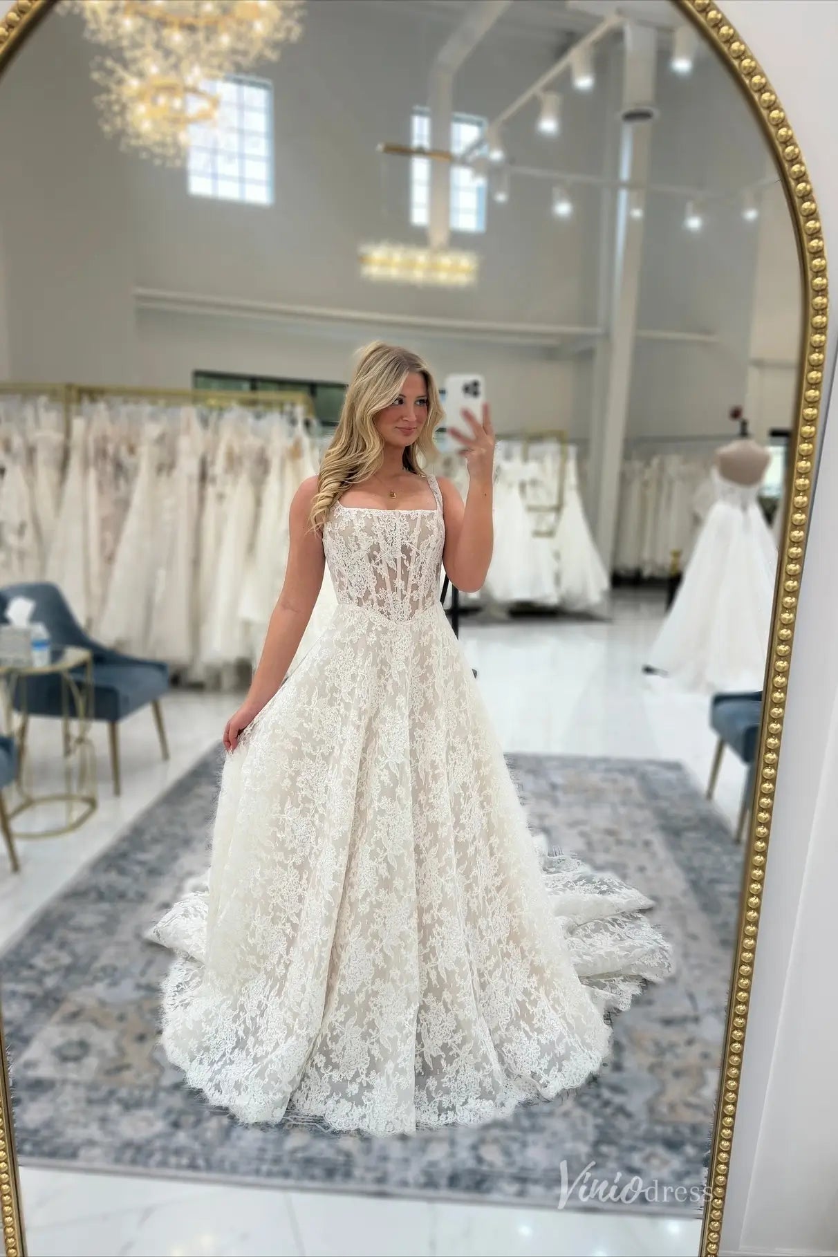 Ivory Floral Lace A-Line Wedding Dress with Square Neckline, Sheer Bodice & Chapel Train – LC109-wedding dresses 2026-Viniodress-Ivory-Custom Size-
