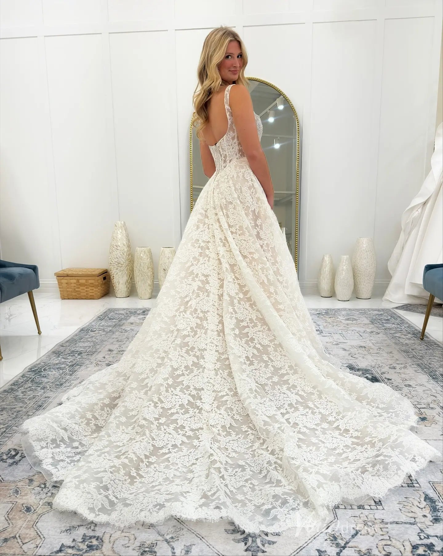 Ivory Floral Lace A-Line Wedding Dress with Square Neckline, Sheer Bodice & Chapel Train – LC109-wedding dresses 2026-Viniodress-Ivory-Custom Size-