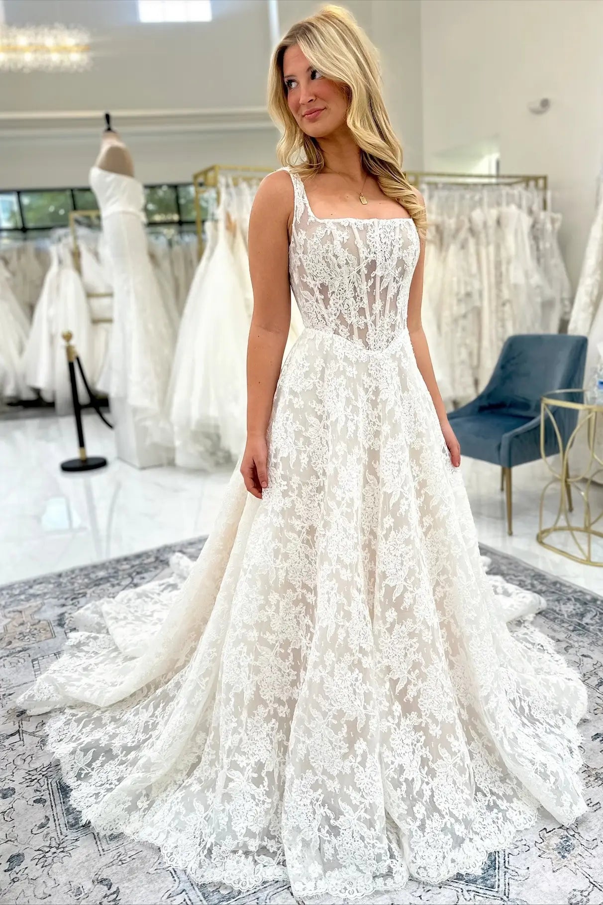Ivory Floral Lace A-Line Wedding Dress with Square Neckline, Sheer Bodice & Chapel Train – LC109