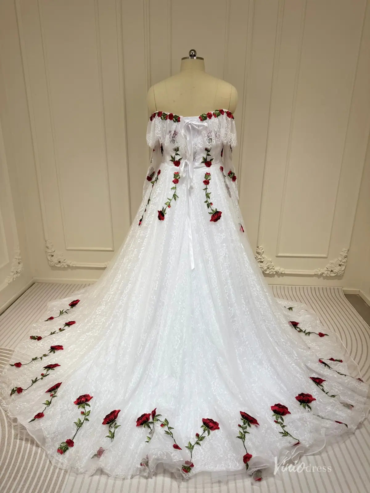 Ivory Wedding Dress with Red Rose Embroidery & Off Shoulder Sleeves –  Viniodress