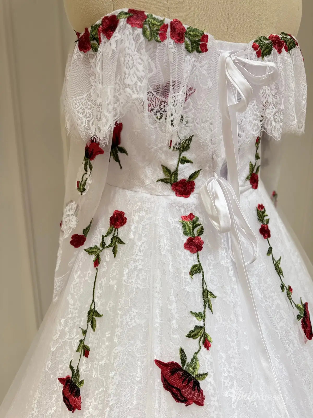 open lace back dress Ivory Wedding Dress with Red Rose Embroidery & Off Shoulder Sleeves –  Viniodress