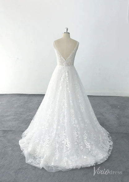 Ivory Floral Lace Wedding Dress with V-Neckline, Illusion Back & Sweep Train – LA141-wedding dresses 2025 -Viniodress-Ivory-Custom Size-