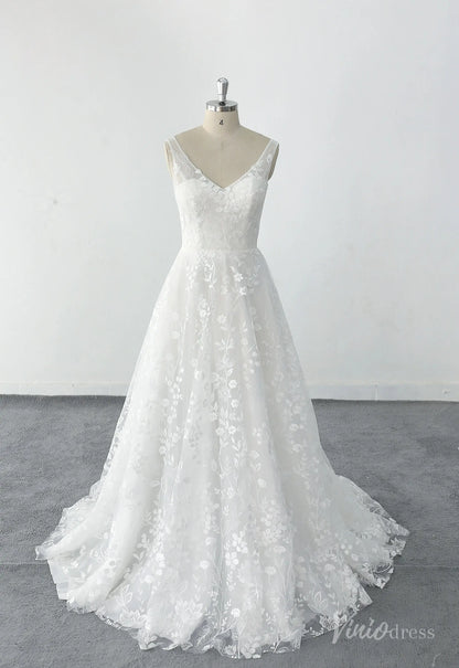 Ivory Floral Lace Wedding Dress with V-Neckline, Illusion Back & Sweep Train – LA141-wedding dresses 2025 -Viniodress-Ivory-Custom Size-