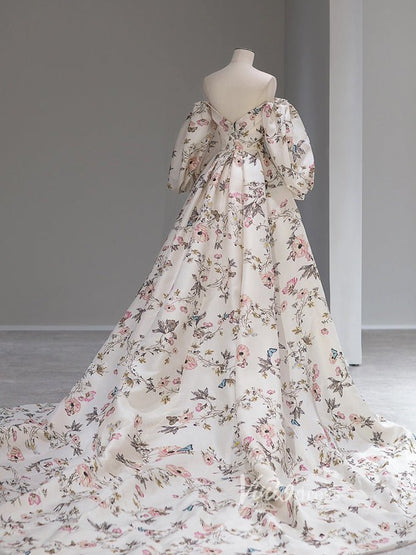 Ivory Floral Satin Wedding Dresses Off the Shoulder Long Sleeve Formal Dress FD3224-Couture Gown 2025 -Viniodress-Ivory-Custom Size-