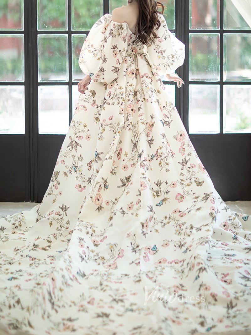 Ivory Floral Satin Wedding Dresses Off the Shoulder Long Sleeve Formal Viniodress Ivory Floral Satin Wedding Dresses Off the Shoulder Long Sleeve Formal Viniodress