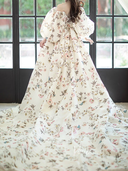 Ivory Floral Satin Wedding Dresses Off the Shoulder Long Sleeve Formal Dress FD3224-Couture Gown 2025 -Viniodress-Ivory-Custom Size-