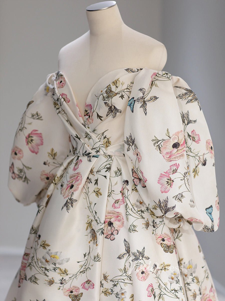Ivory Floral Satin Wedding Dresses Off the Shoulder Long Sleeve Formal Dress FD3224-Couture Gown 2025 -Viniodress-Ivory-Custom Size-