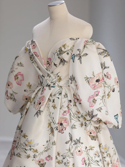Ivory Floral Satin Wedding Dresses Off the Shoulder Long Sleeve Formal Dress FD3224-Couture Gown 2025 -Viniodress-Ivory-Custom Size-