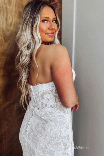 Ivory French Lace Boho Mermaid Wedding Dress | Removable Sheer Sleeves, Basque Waist & Layered Lace Train – BH105-wedding dresses 2025 -Viniodress-Beige-Custom Size-