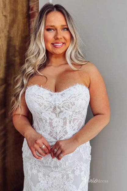 Ivory French Lace Boho Mermaid Wedding Dress | Removable Sheer Sleeves, Basque Waist & Layered Lace Train – BH105-wedding dresses 2025 -Viniodress-Beige-Custom Size-