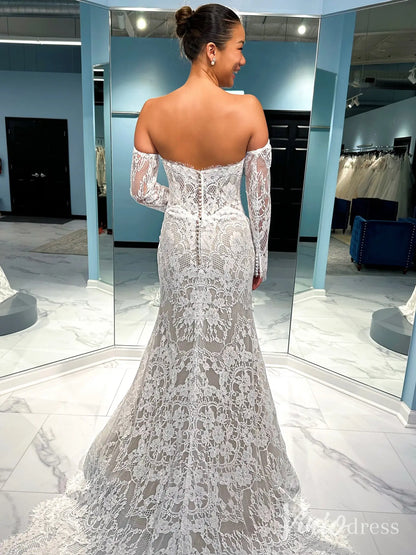 Ivory French Lace Boho Mermaid Wedding Dress | Removable Sheer Sleeves, Basque Waist & Layered Lace Train – BH105-wedding dresses 2025 -Viniodress-Beige-Custom Size-