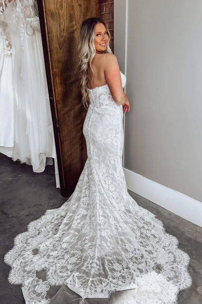 Ivory French Lace Boho Mermaid Wedding Dress | Removable Sheer Sleeves, Basque Waist & Layered Lace Train – BH105-wedding dresses 2025 -Viniodress-Beige-Custom Size-