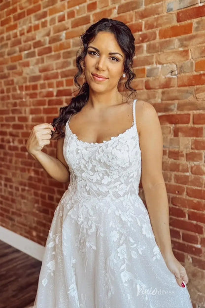 Ivory Glitter Tulle A-Line Wedding Dress with Floral Appliqué Bodice, Spaghetti Straps & Chapel Train – LA161-wedding dresses 2026-Viniodress-Ivory-Custom Size-