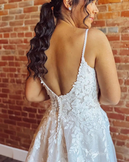 Ivory Glitter Tulle A-Line Wedding Dress with Floral Appliqué Bodice, Spaghetti Straps & Chapel Train – LA161-wedding dresses 2026-Viniodress-Ivory-Custom Size-