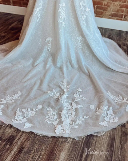 Ivory Glitter Tulle A-Line Wedding Dress with Floral Appliqué Bodice, Spaghetti Straps & Chapel Train – LA161-wedding dresses 2026-Viniodress-Ivory-Custom Size-