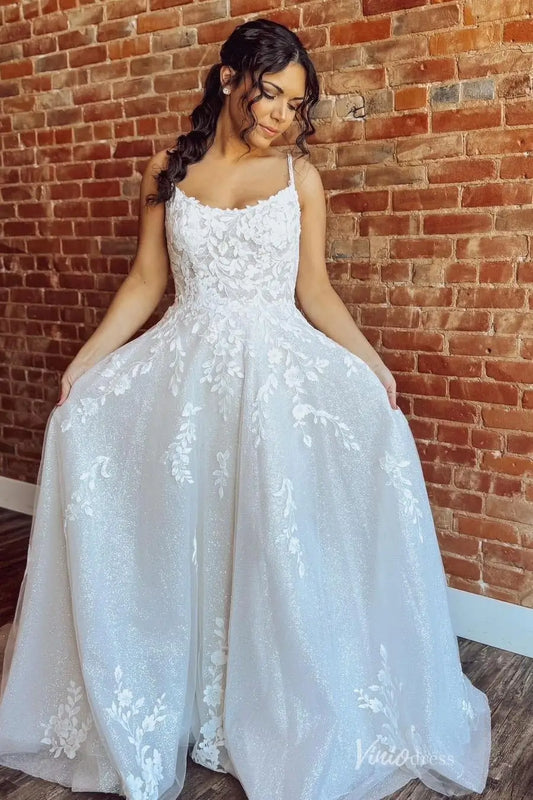 Ivory Glitter Tulle A-Line Wedding Dress with Floral Appliqué Bodice, Spaghetti Straps & Chapel Train – LA161