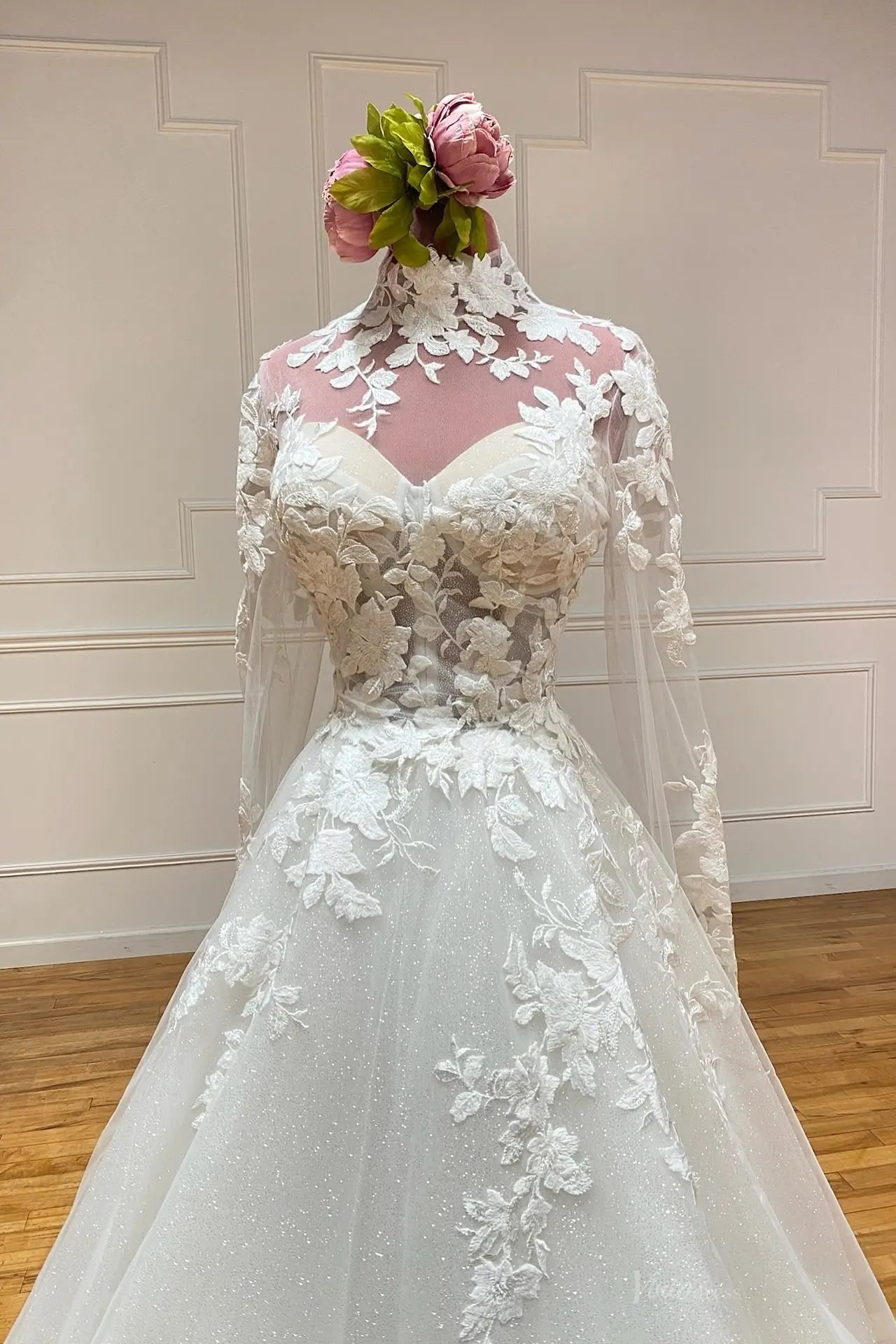 Ivory Illusion High Neck Long Sleeve Lace Wedding Dress LA165 Viniodress Ivory Illusion High Neck Long Sleeve Lace Wedding Dress LA165 Viniodress