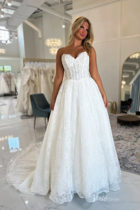 Ivory Lace A-Line Wedding Dress with Sweetheart Neckline, Sheer Corset Bodice & Chapel Train – LC110