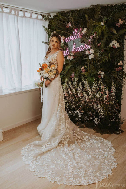 Ivory Lace Applique Bohemian Wedding Dresses V-Neck Boho Bridal Gown AW1035-wedding dresses 2025 -Viniodress-Ivory-Custom Size-