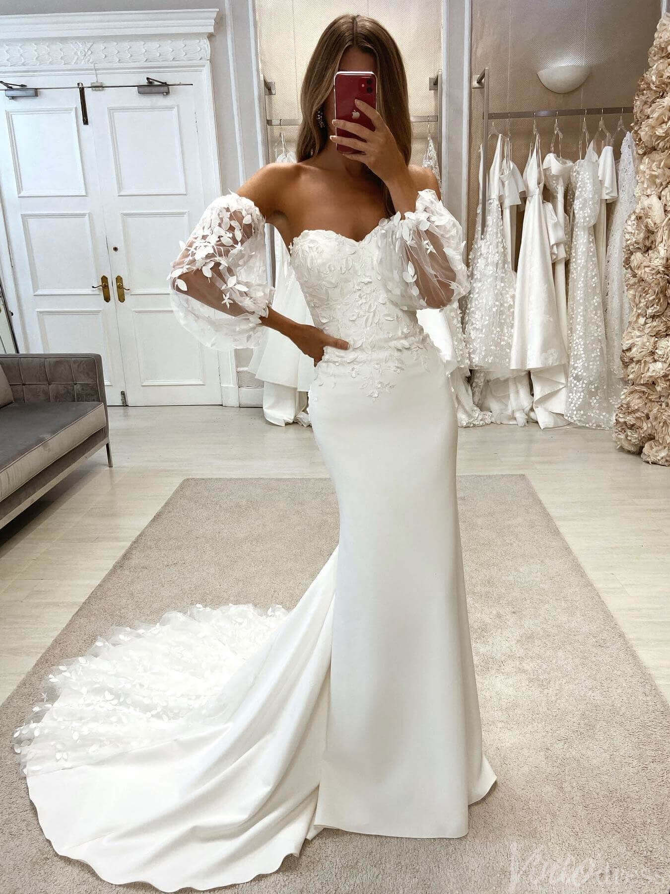 Ivory Lace Applique Mermaid Wedding Dresses Removable Sleeve Rustic Bridal Gown VW2170-wedding dresses-Viniodress