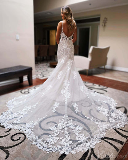 Ivory Lace Applique Mermaid Wedding Dresses Spaghetti Strap Chapel Train Bridal Gown VW2164-wedding dresses 2025 -Viniodress-Ivory-Custom Size-