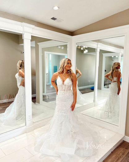Ivory Lace Applique Mermaid Wedding Dresses Spaghetti Strap Sheer Boned Bodice VW2221-wedding dresses 2025 -Viniodress-Ivory-Custom Size-