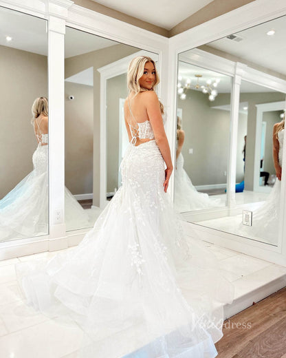 Ivory Lace Applique Mermaid Wedding Dresses Spaghetti Strap Sheer Boned Bodice VW2221-wedding dresses 2025 -Viniodress-Ivory-Custom Size-