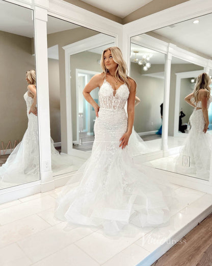 Ivory Lace Applique Mermaid Wedding Dresses Spaghetti Strap Sheer Boned Bodice VW2221-wedding dresses 2025 -Viniodress-Ivory-Custom Size-