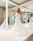 Ivory Lace Applique Mermaid Wedding Dresses Spaghetti Strap Sheer Boned Bodice VW2221