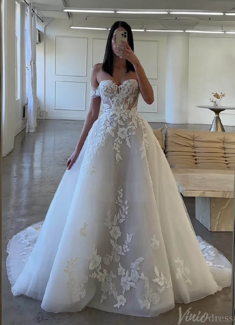 Ivory Lace Applique Outdoor Wedding Dresses Off the Shoulder Bridal Gown AW1034-wedding dresses-Viniodress