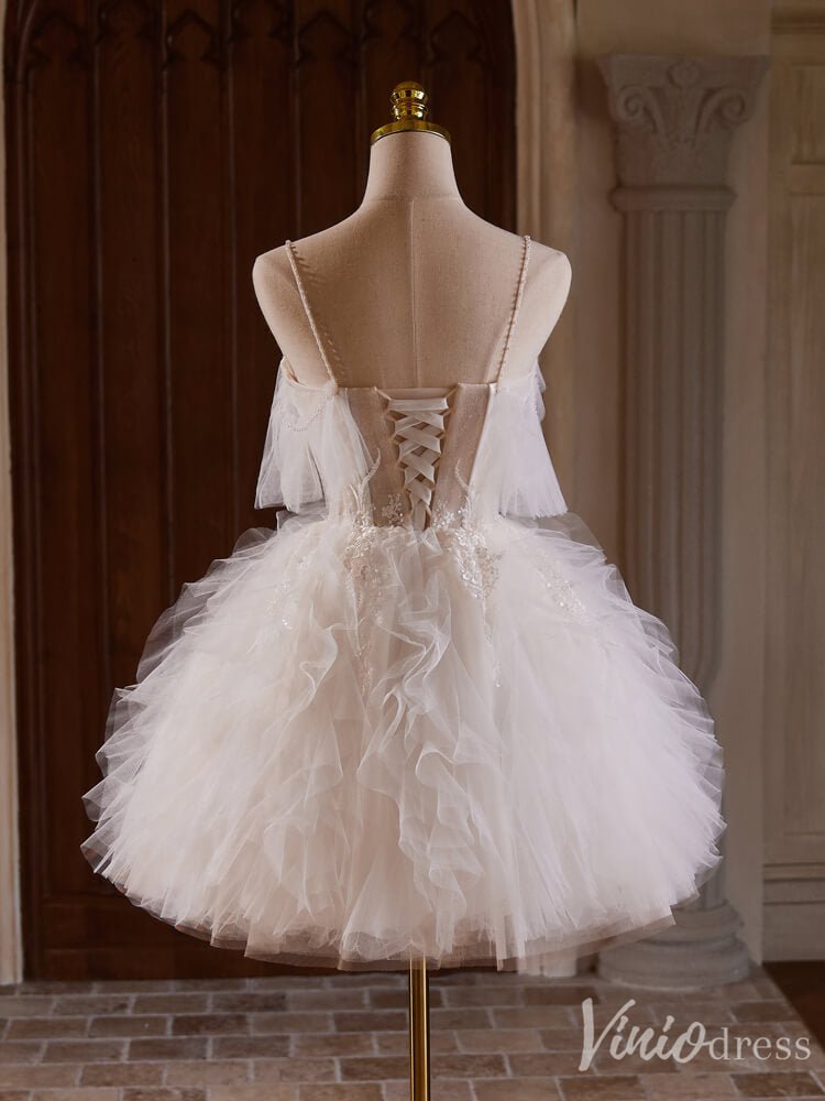 Ivory Lace Applique Ruffled Homecoming Dresses Spaghetti Strap Graduation Dress BJ042-prom dresses 2025 -Viniodress-Ivory-Custom Size-