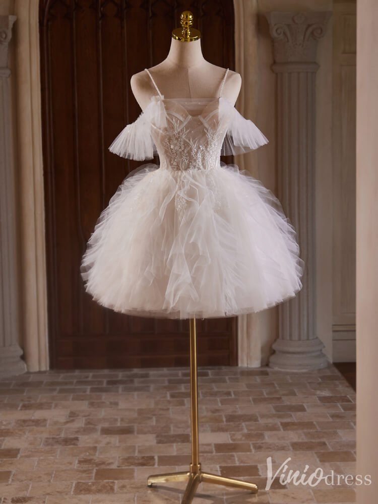 Ivory Lace Applique Ruffled Homecoming Dresses Spaghetti Strap Graduation Dress BJ042-prom dresses 2025 -Viniodress-Ivory-Custom Size-