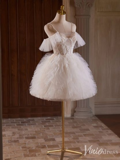 Ivory Lace Applique Ruffled Homecoming Dresses Spaghetti Strap Graduation Dress BJ042-prom dresses 2025 -Viniodress-Ivory-Custom Size-