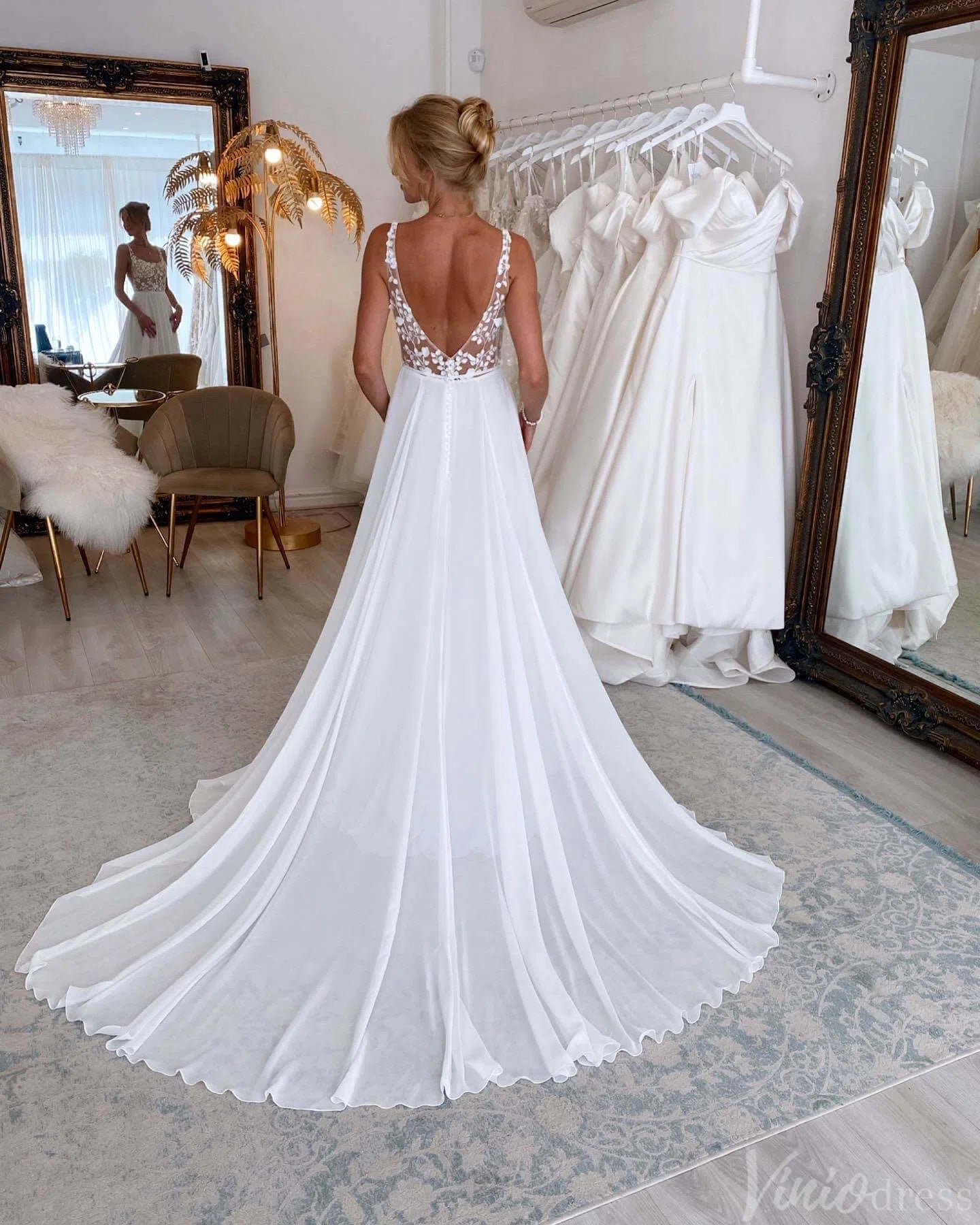 Ivory Lace Applique Rustic Wedding Dresses Chiffon Country Bridal Gown AW1011-wedding dresses 2025 -Viniodress-Ivory-Custom Size-