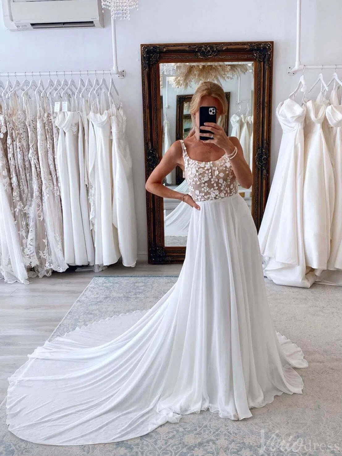 Ivory Lace Applique Rustic Wedding Dresses Chiffon Country Bridal Gown AW1011-wedding dresses 2025 -Viniodress-Ivory-Custom Size-