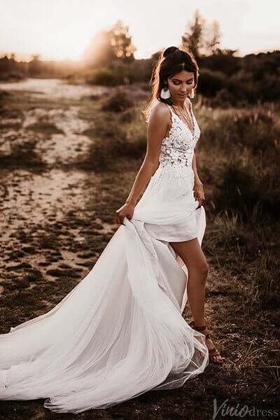 Ivory Lace Applique Rustic Wedding Dresses V-Neck Country Bridal Gown VW2153-wedding dresses 2025 -Viniodress-Ivory-Custom Size-